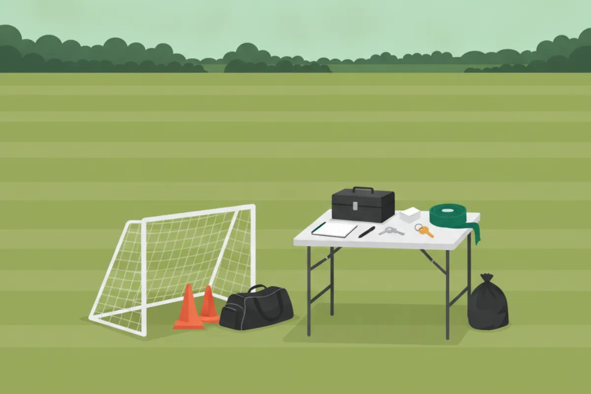 The evening after a tournament: a folding table at the pitch edge with a closed cash tin, a blank notebook, keys and rolled bunting, a portable goal, a bag of footballs, cones and a litter bag on the grass.