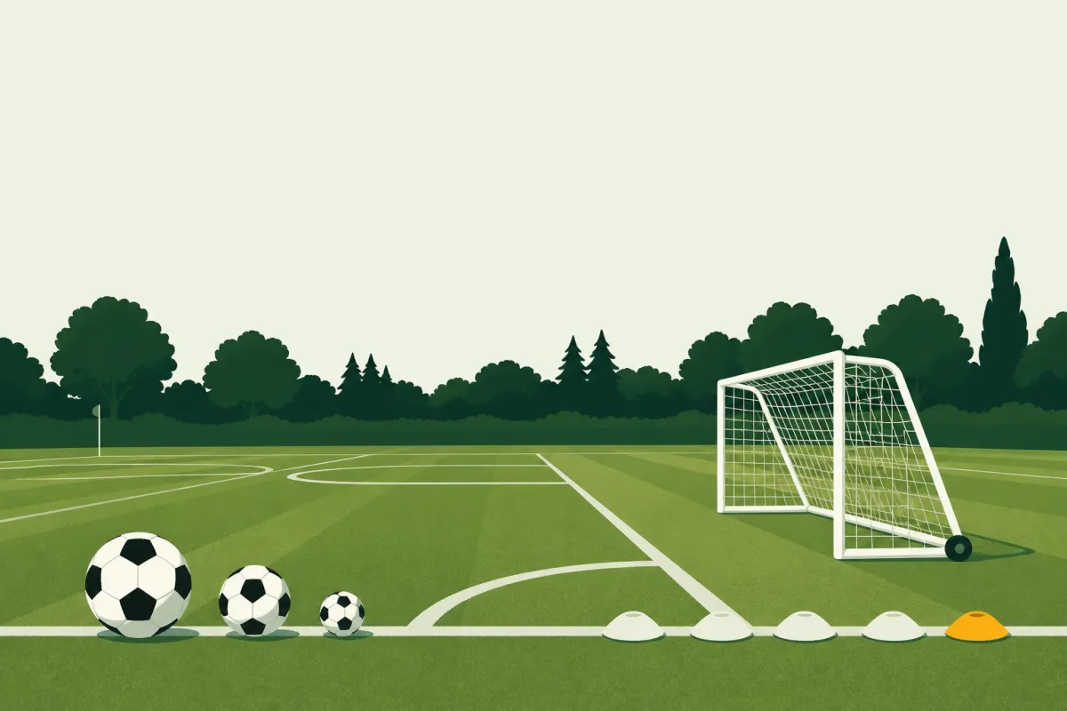 Three footballs of different sizes on a touchline beside a row of cones, with a portable goal on a small-sided pitch behind.