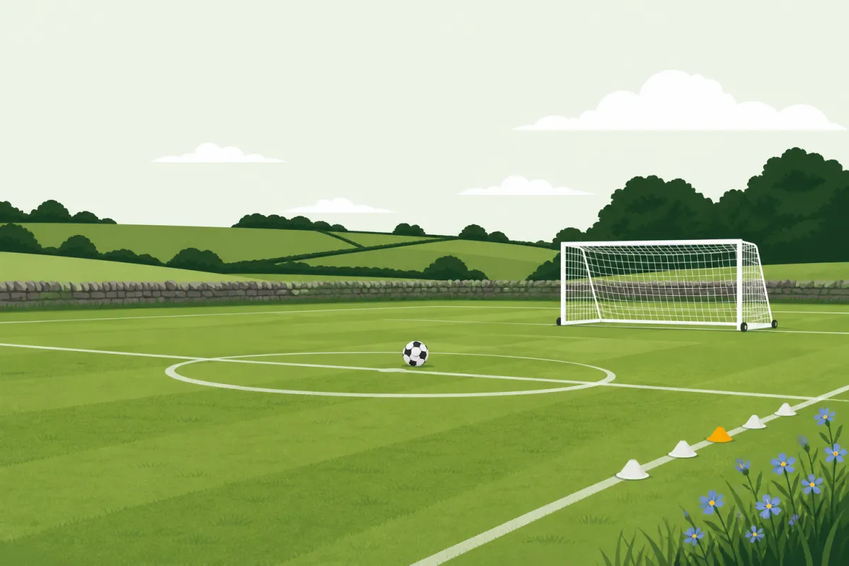 A small-sided pitch with a low stone wall and fields behind, a portable goal, a ball on the centre spot and cones along the touchline.