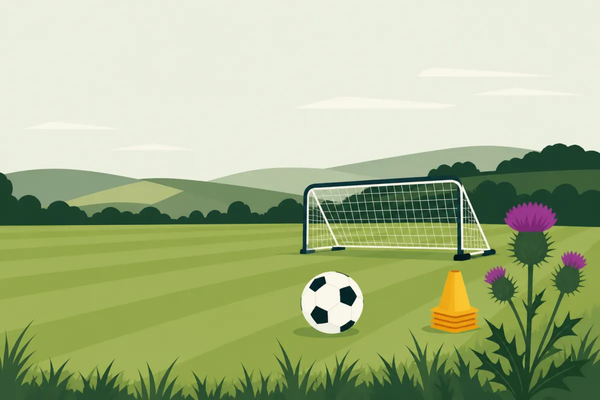 A small-sided pitch under a soft sky with low hills behind, a portable goal, a ball on the centre spot and cones at the edge.