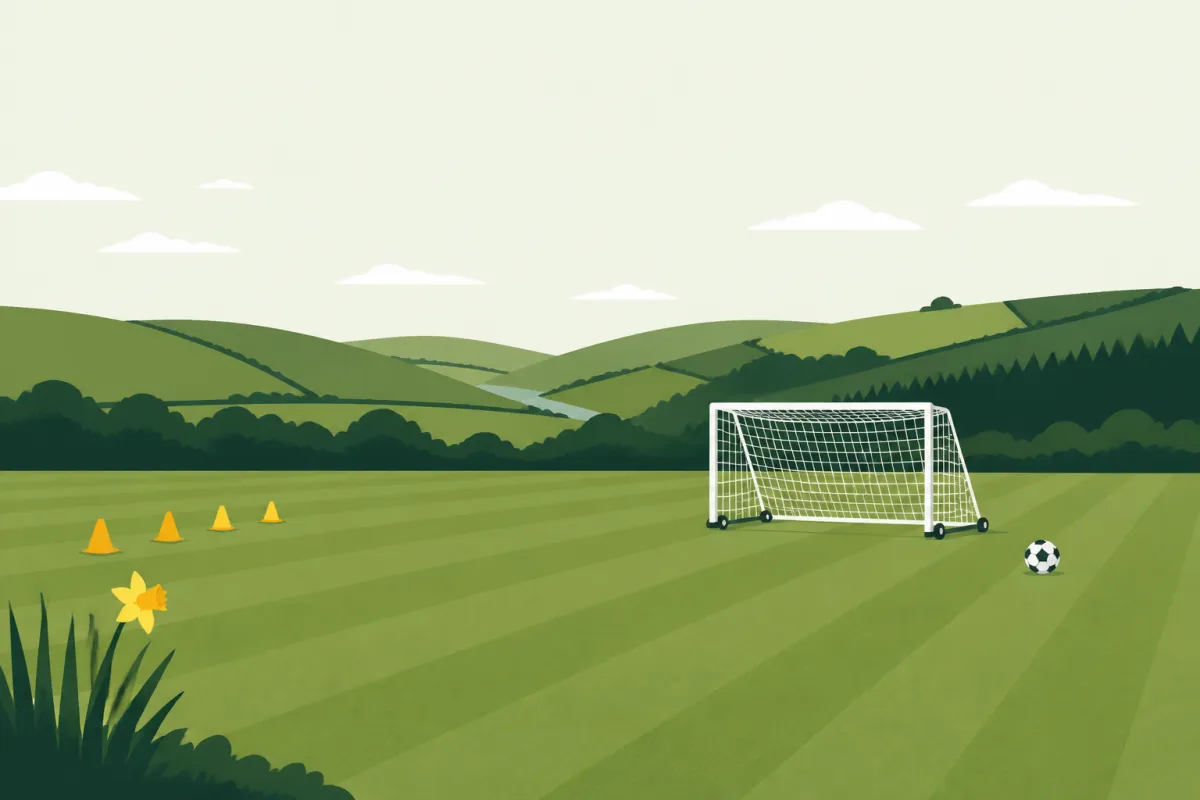 A small-sided pitch with green hills behind, a portable goal with netting, a ball on the grass and a corner flag.