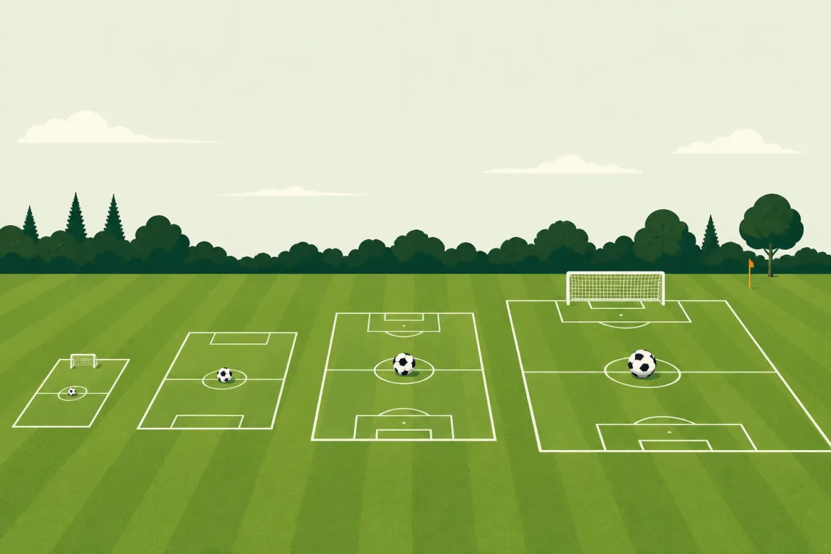 Four football pitches of increasing size side by side on grass, each with a ball on its centre spot, from a tiny small-sided pitch to a full one with a goal.