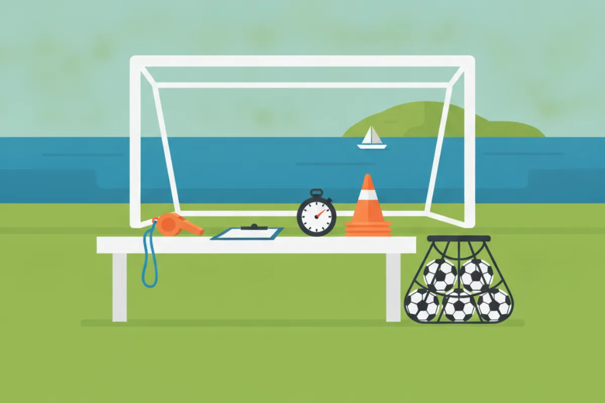 A whistle, a clipboard, a stopwatch and orange cones on a white touchline bench with a mesh bag of footballs beside it, a portable goal behind, and a calm blue sea with a sailing boat and a low green island beyond.