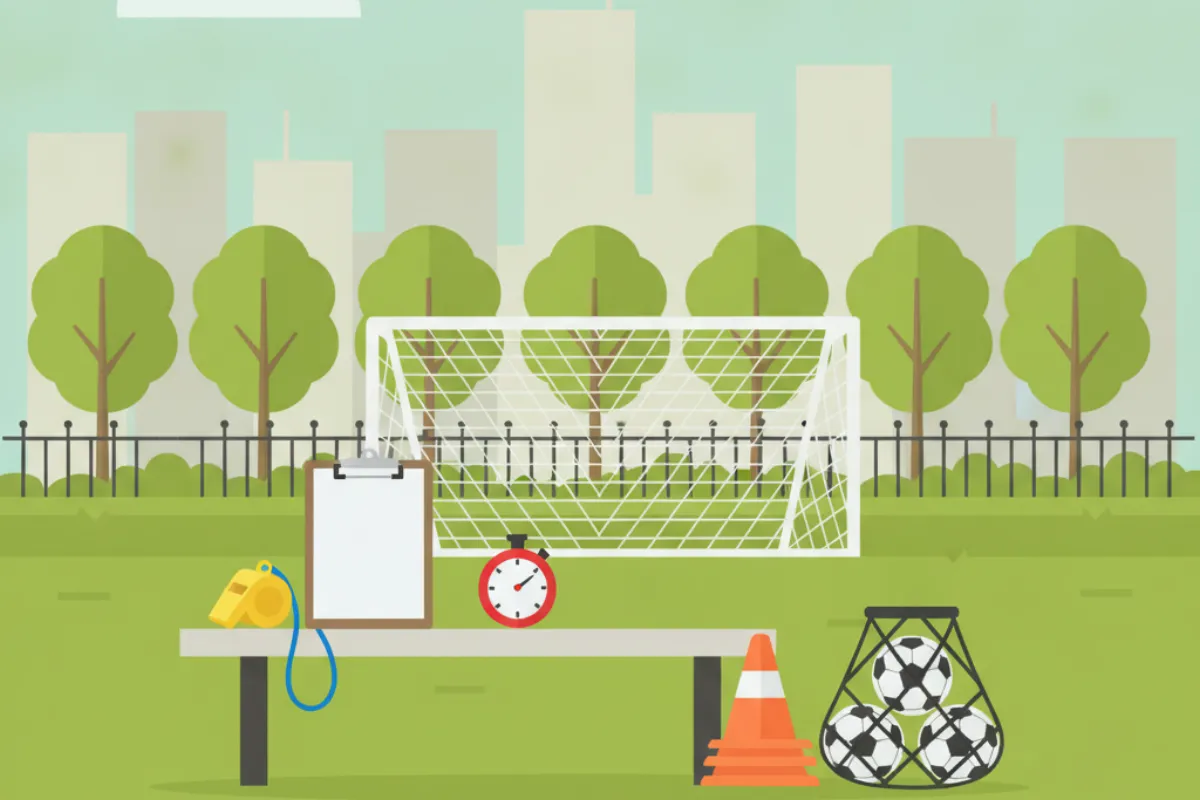 A whistle, a clipboard, a stopwatch and orange cones on a touchline bench in a city park with a mesh bag of footballs beside it, a portable goal and park railings behind, and a plain city skyline in the distance.