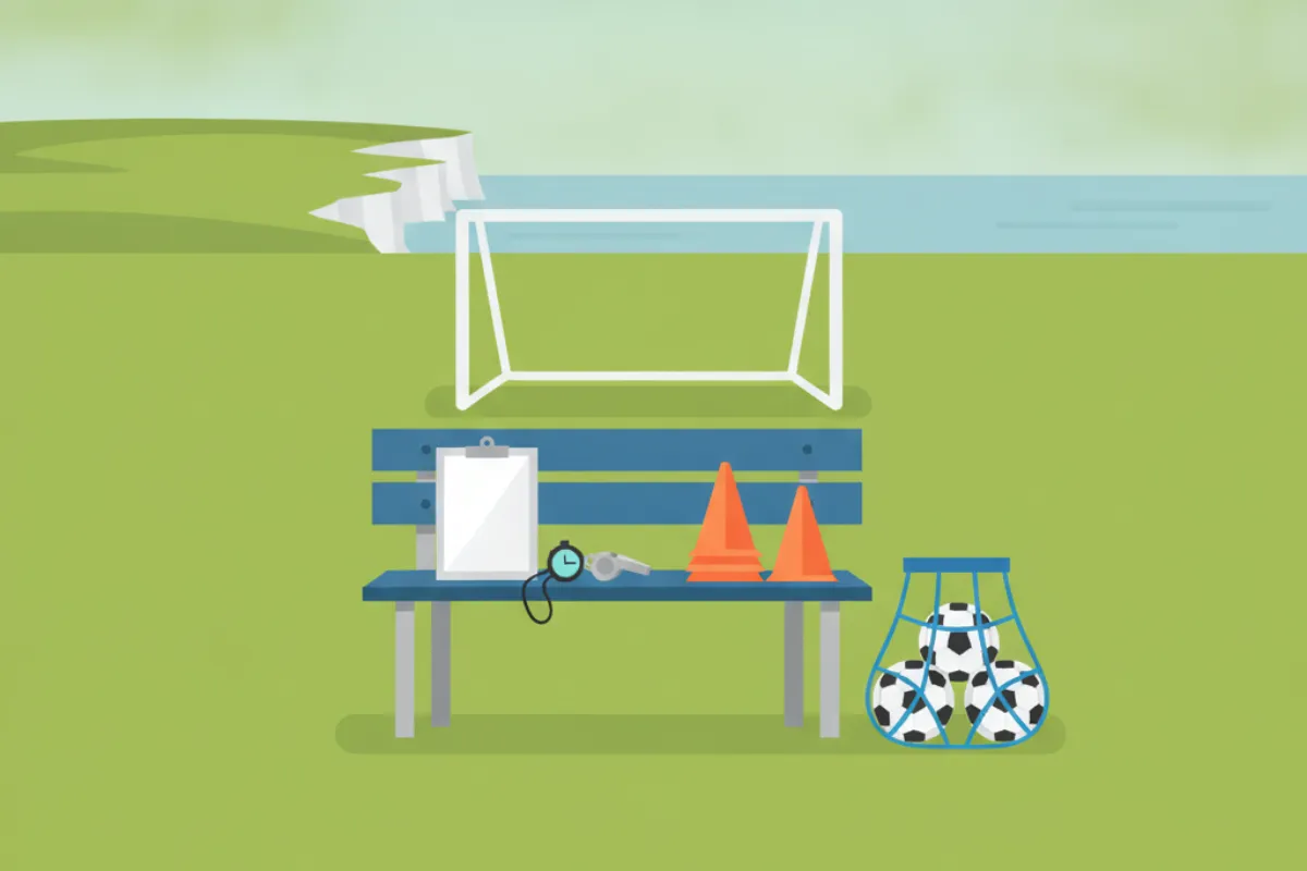 A clipboard, a stopwatch, a whistle and orange cones on a blue park bench with a mesh bag of footballs beside it, a portable goal behind, and green downland ending in white chalk cliffs above the sea.