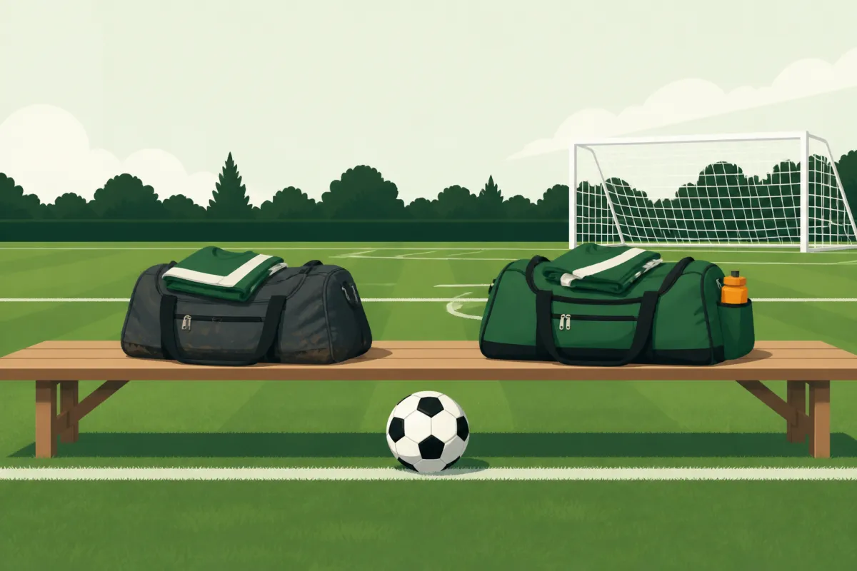 Two kit bags side by side on a touchline bench, one worn and one new, a folded shirt on each and a football on the grass between them, with a goal behind.