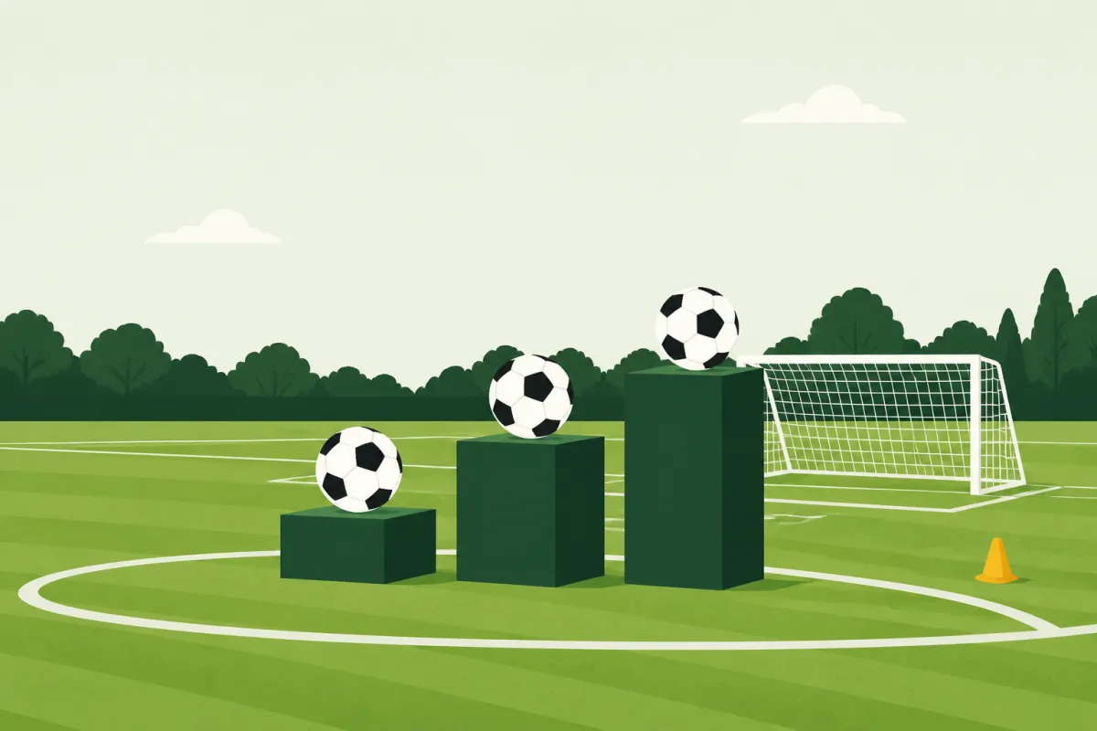 Three footballs on three plinths of increasing height on grass, with a portable goal and cones behind.