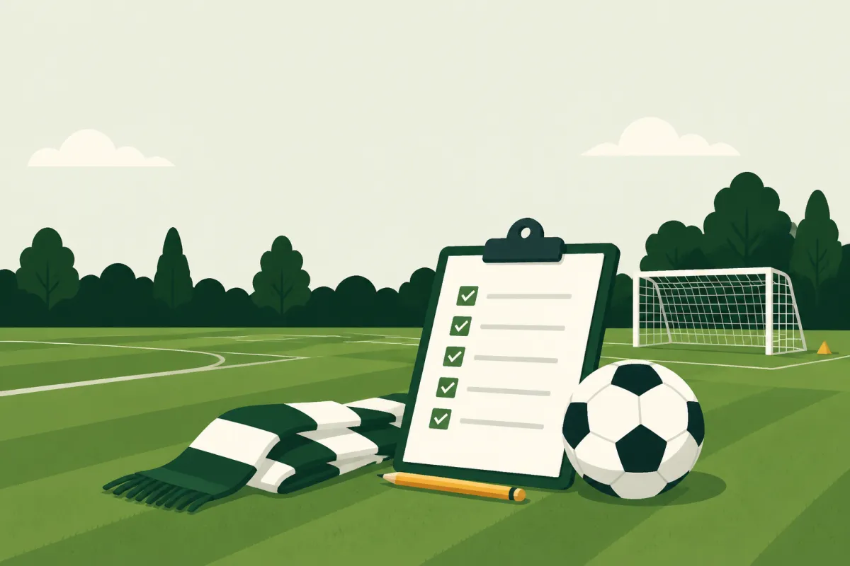 A clipboard and pencil on the grass beside a football and a folded scarf, with a portable goal on the pitch behind.
