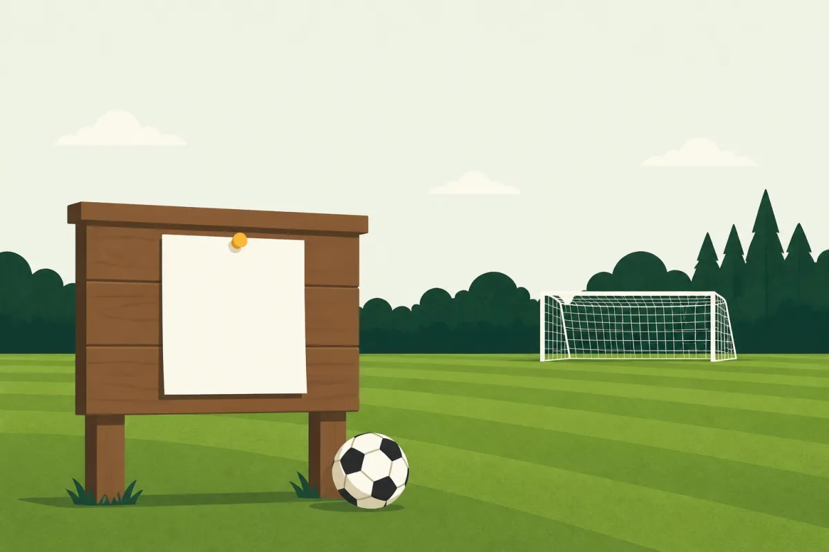 A wooden noticeboard at the edge of a pitch with a blank card pinned to it, a football and a corner flag beside it.