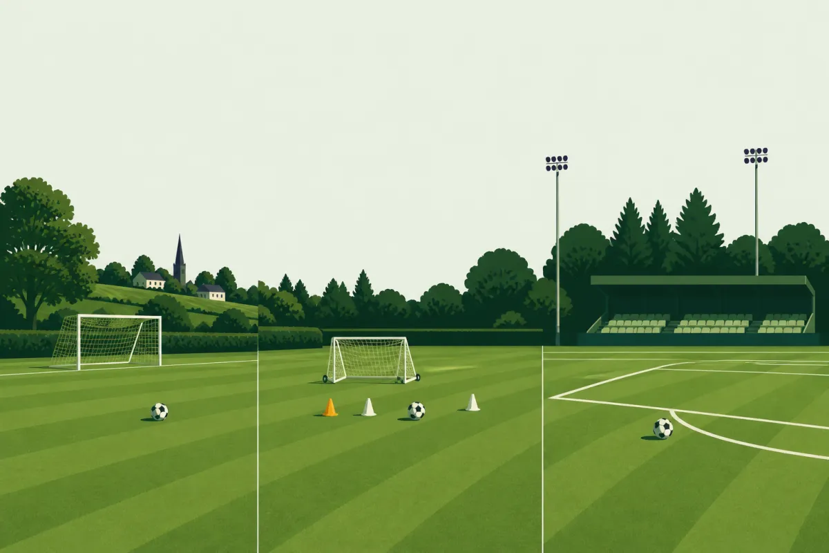 Three football grounds side by side: a village pitch with a simple goal, a training ground with cones, and a larger pitch with floodlights and a low stand.
