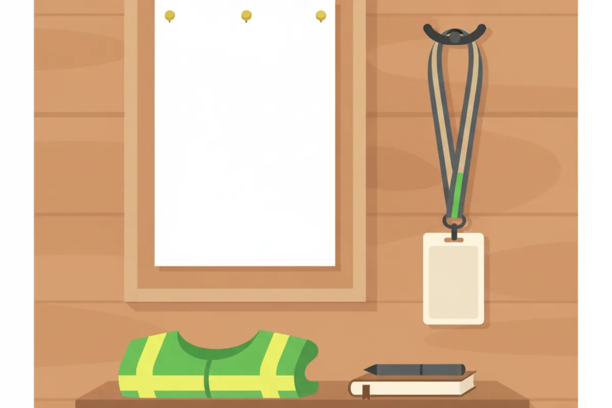 A clubhouse noticeboard on a wooden wall with a blank sheet pinned to it, a lanyard with a blank card hanging on a hook beside it, and a folded green bib and a notebook with a pen on the shelf below.