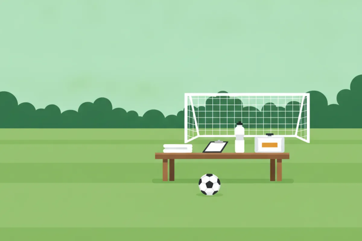 A wooden bench with a folded towel, a clipboard, a water bottle and an ice pack on it, a football on the grass in front, and a goal with netting behind.