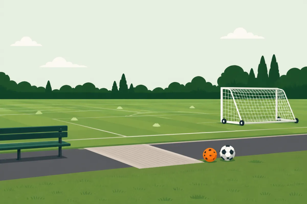 A small-sided pitch seen from a wide level path with a gentle ramp onto the grass, a low portable goal, an orange audible ball beside an ordinary one, soft cones and a bench.