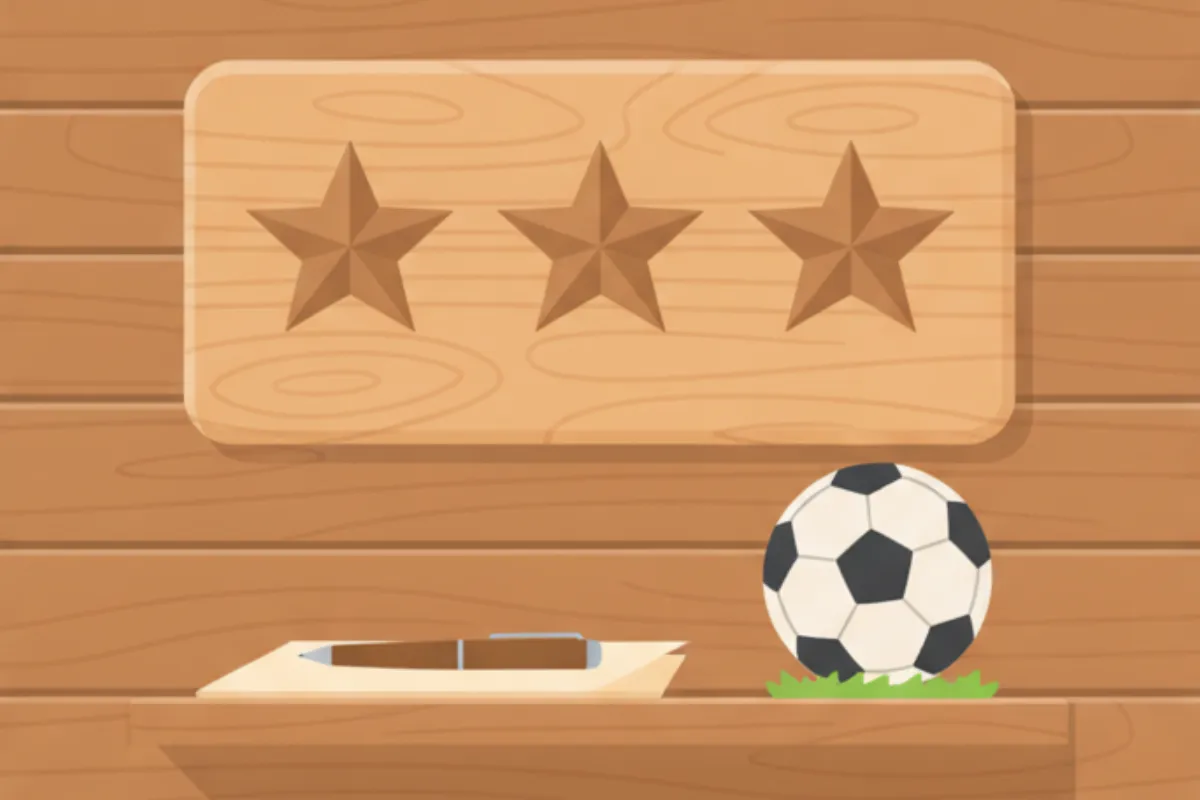 A wooden plaque with three plain stars on a wooden clubhouse wall, and on the shelf beneath it a folder with a pen and a black-and-white football on a tuft of grass.