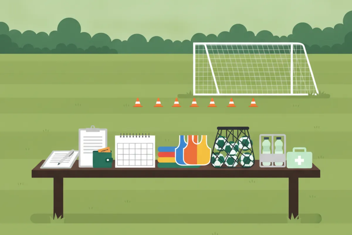 A team manager's bench at the pitch edge: a blank entry form on a clipboard, a calendar, a wallet, folded bibs, a net of footballs, a bottle carrier and a first aid pouch, with a goal and a row of cones behind.