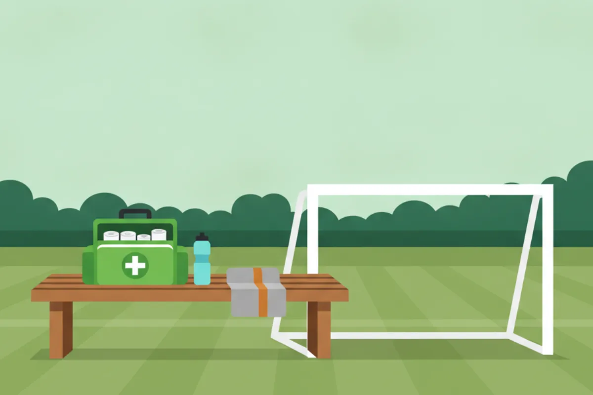 An open green first aid bag with bandages, a water bottle and a folded towel on a wooden bench beside a white portable goal.