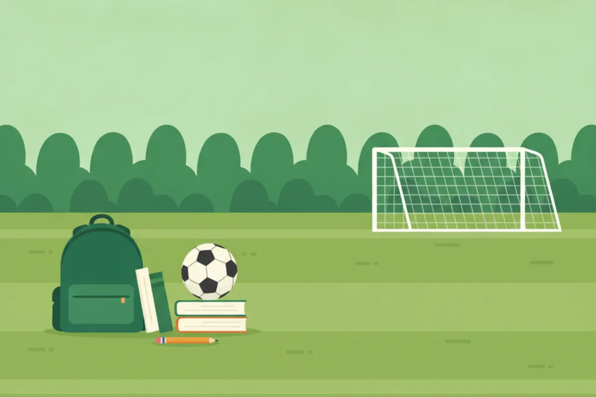 A dark green school rucksack on the grass with a small stack of plain books against it, a football on top of the books and an amber pencil in front, with a goal and trees beyond.