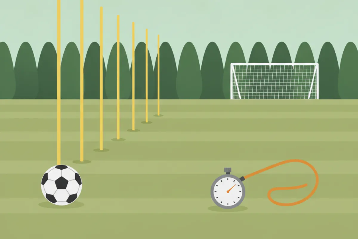 A slalom line of tall yellow training poles running away across striped grass, a football at the start of the line, a stopwatch on an amber lanyard on the grass, and a goal and trees beyond.