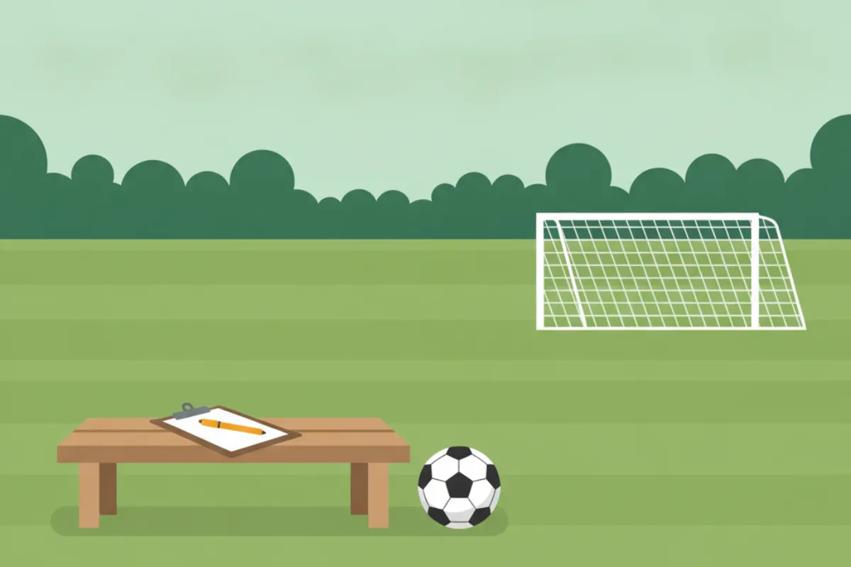 A wooden bench at the side of a pitch with a clipboard of blank paper and an amber pen on it, a football on the grass beside it, and a goal and trees beyond.
