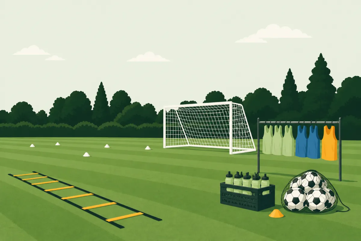 A summer training field with a ladder drill on the grass, a portable goal, a rail of bibs, a crate of water bottles and footballs in a net.