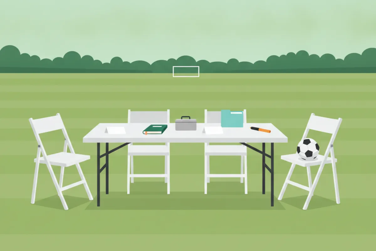 A long folding table on mown grass with four folding chairs, blank name cards, a ledger, a cash tin, a folder and a pen, and a football on one chair.