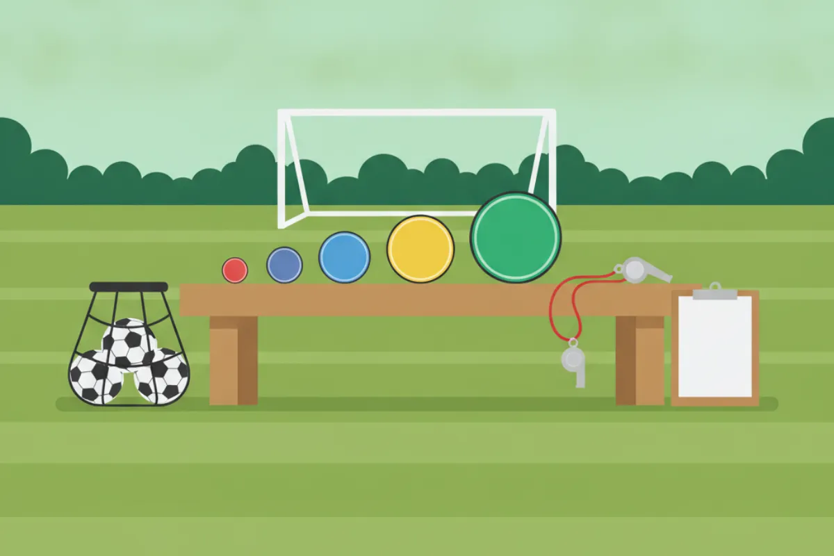 A row of four round badges of increasing size on a wooden bench, with a whistle on a lanyard, a clipboard, a mesh bag of footballs and a goal behind.