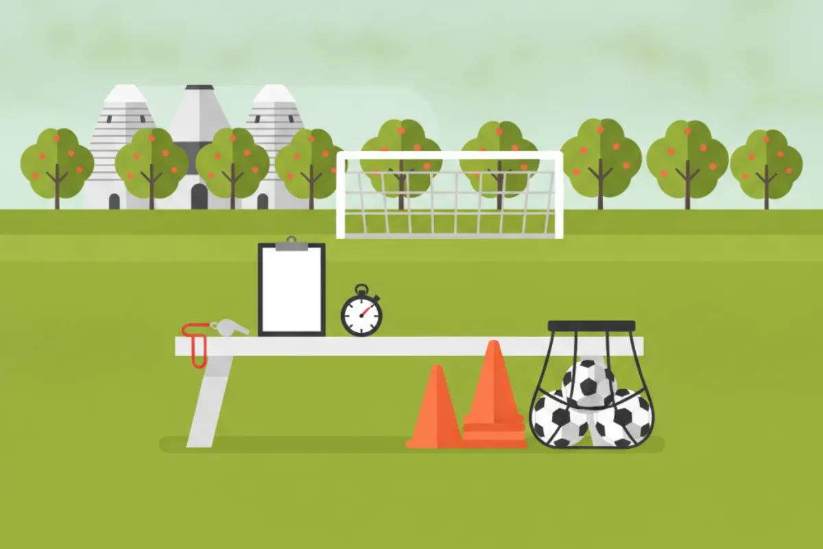 A whistle, a clipboard, a stopwatch and orange cones on a white touchline bench with a mesh bag of footballs beside it, a portable goal behind, and a line of oast houses among apple trees in the distance.