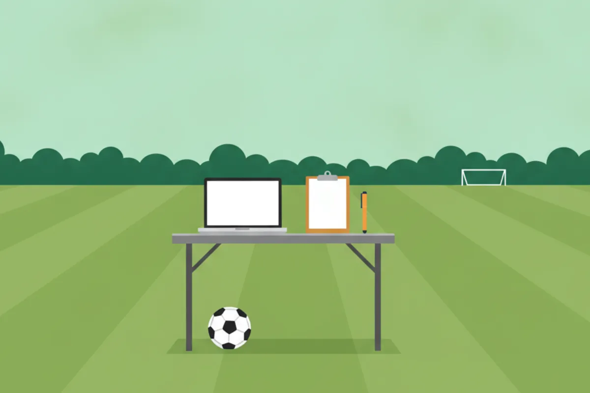 A folding table on mown grass with an open laptop, a clipboard and a pen on it, a football beneath it and a small goal in the distance.