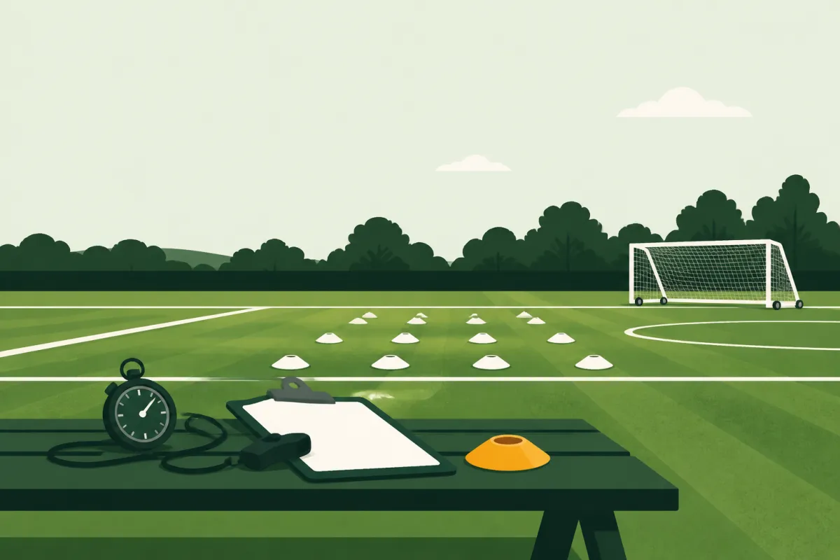A stopwatch, a whistle and a clipboard on an empty bench, with a grid of cones on the grass and a goal in the distance.