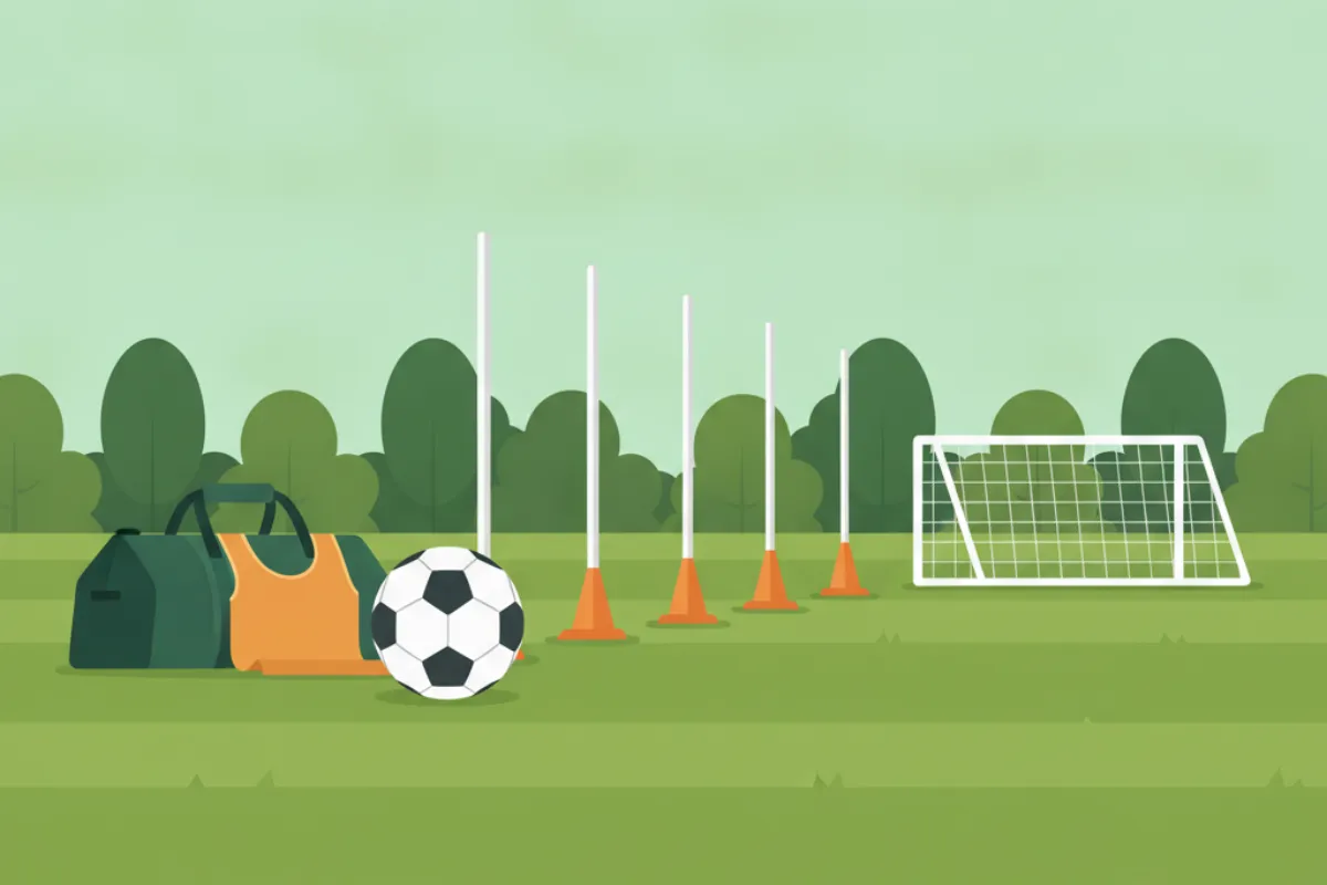 A dark green kit bag with an amber training bib, a football in front of it, a line of white training poles with orange cones at their feet, and a small goal and trees beyond.