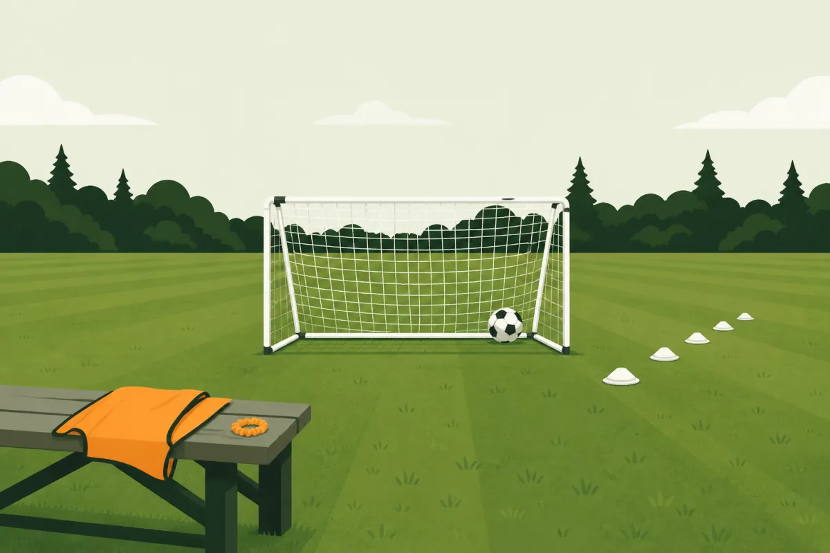 A football in a goal net on grass with a corner flag and cones, and a bib on the touchline bench.