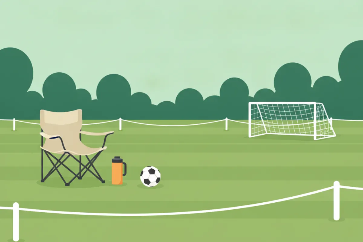 A white rope barrier on short posts along the edge of striped grass, an empty folding chair behind it with an amber flask and a football beside it, and a small goal and trees beyond.