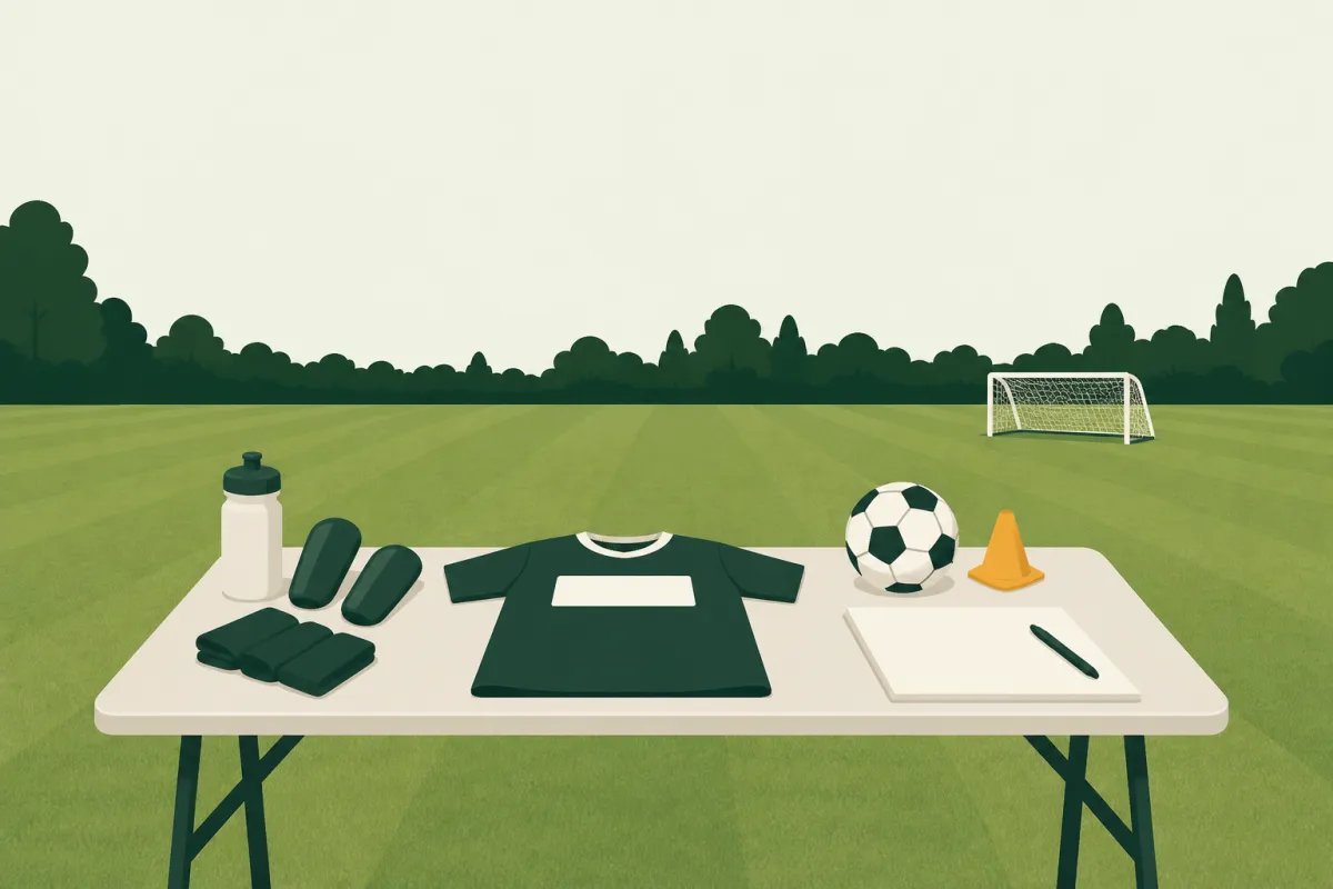 A plain green junior shirt laid flat on the grass with a blank white panel on its chest, a folded agreement and a pen beside it, a football, a corner flag and a goal behind.