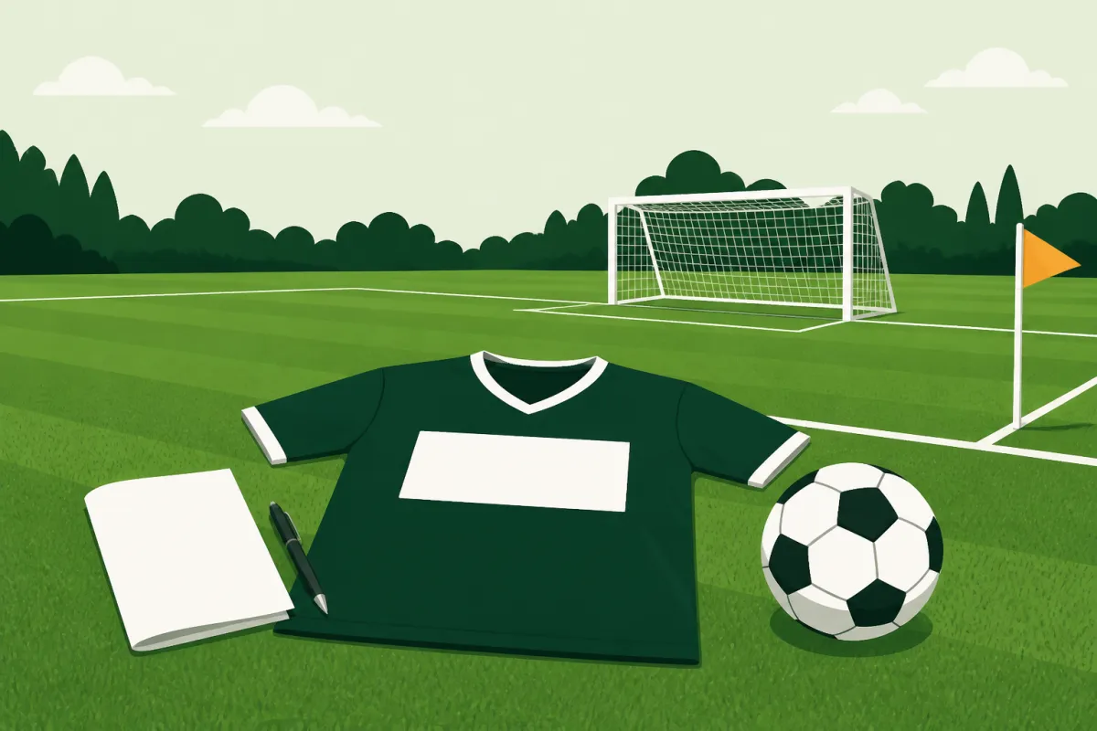 A plain green junior shirt laid flat on the grass with a blank white panel on its chest, a folded agreement and a pen beside it, a football, a corner flag and a goal behind.