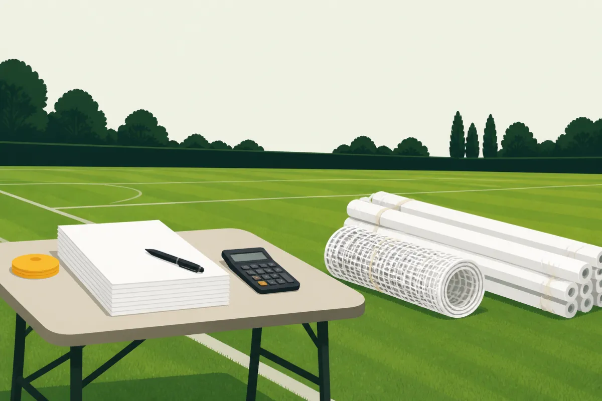 A stack of blank forms with a pen and a calculator on a touchline table, with a roll of new goal netting and wrapped goalposts on the grass beside it.