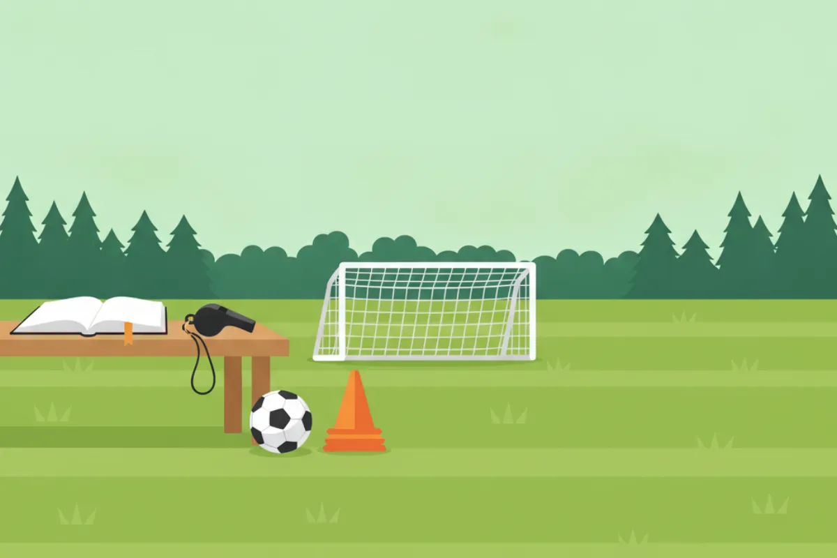 An open book and a whistle on a wooden bench at the edge of mown grass, a football and an orange cone beside it, and a small goal behind.