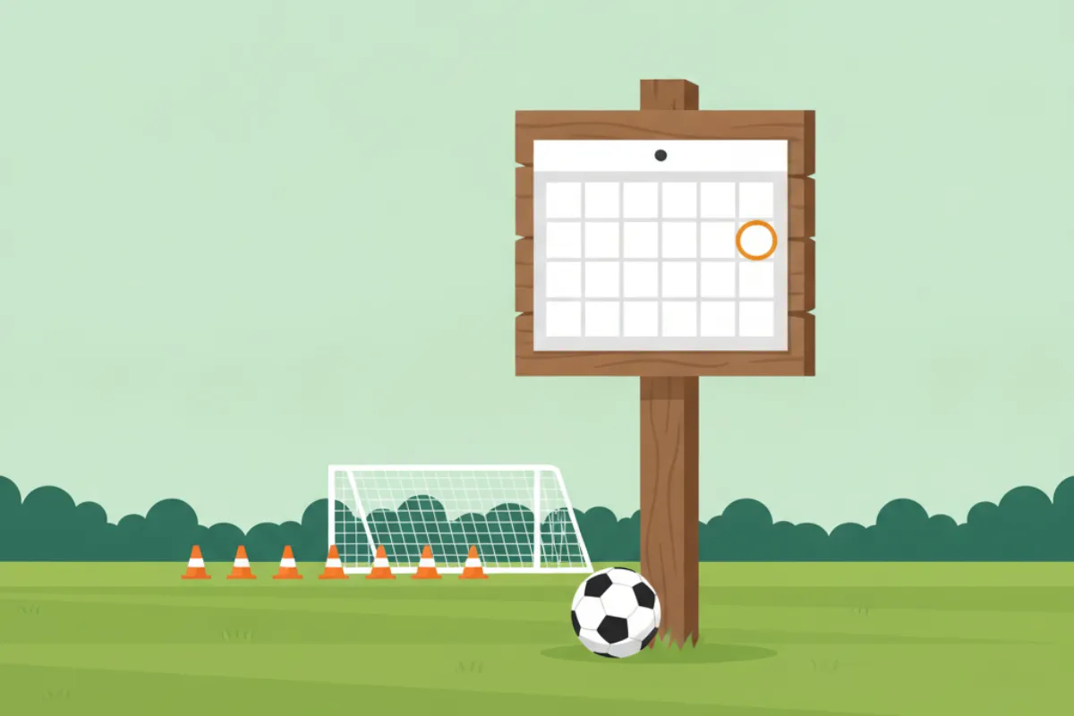 A blank calendar with one day circled in amber, pinned to a wooden noticeboard on a post, a football at its foot, and a goal and a row of cones behind.
