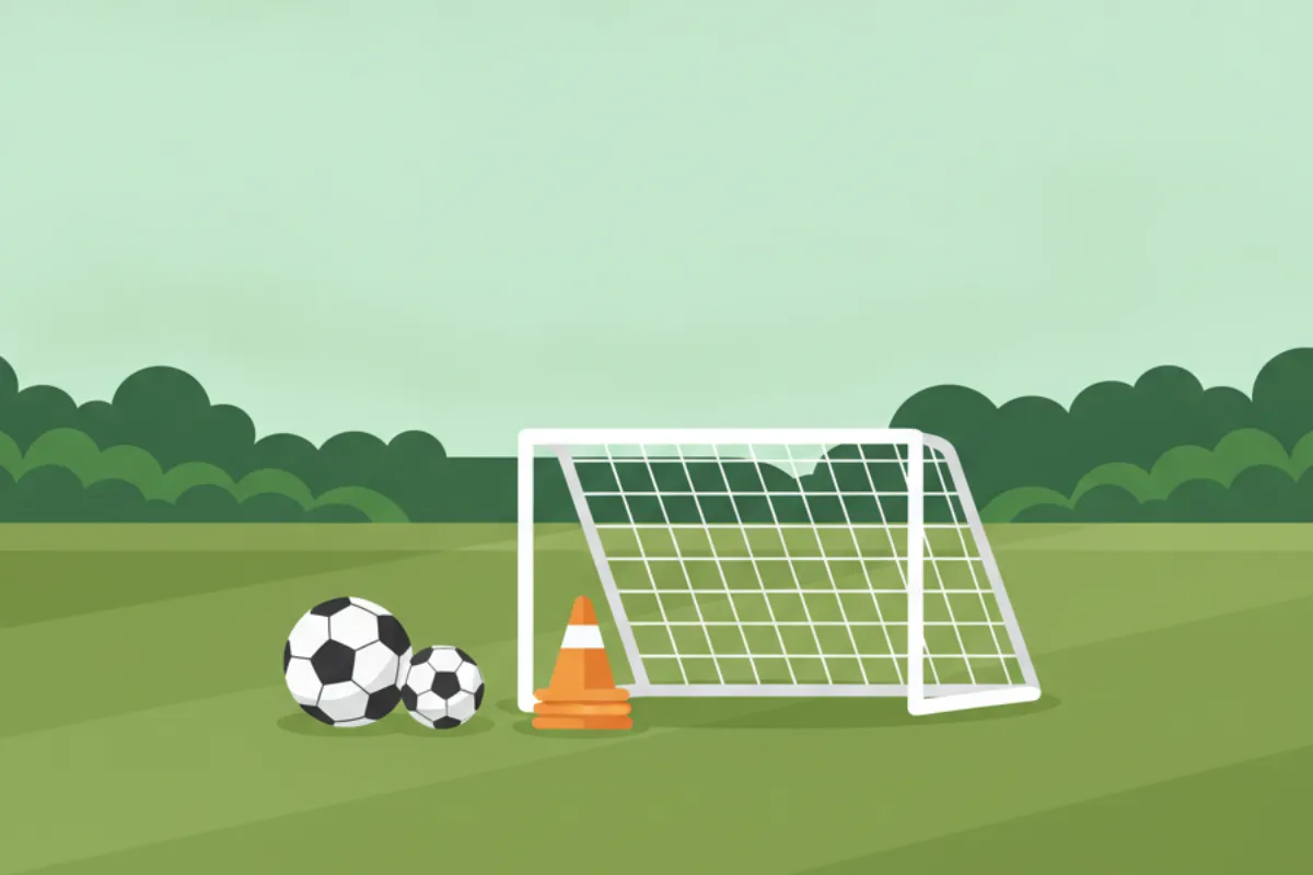Two footballs of different sizes and a stack of orange cones on mown grass in front of a small white portable goal.