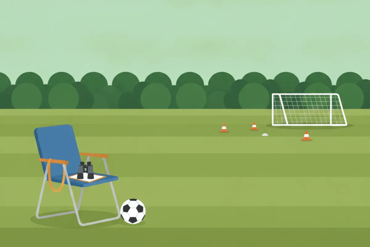An empty folding chair on the touchline with binoculars and a blank clipboard on its seat, a football beside it, and cones and a small goal on striped grass beyond.