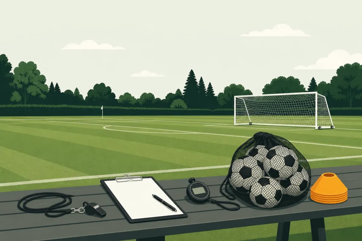 A coach's kit on a touchline bench: a whistle on a lanyard, a blank clipboard with a pen, a stopwatch, a mesh bag of footballs and a stack of cones, with a goal on the grass behind.