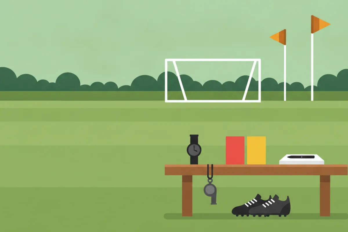 A wooden touchline bench with a wristwatch, a red card, a yellow card and a notebook on it, a whistle hanging from it and black boots beneath, with a goal and two corner flags behind.