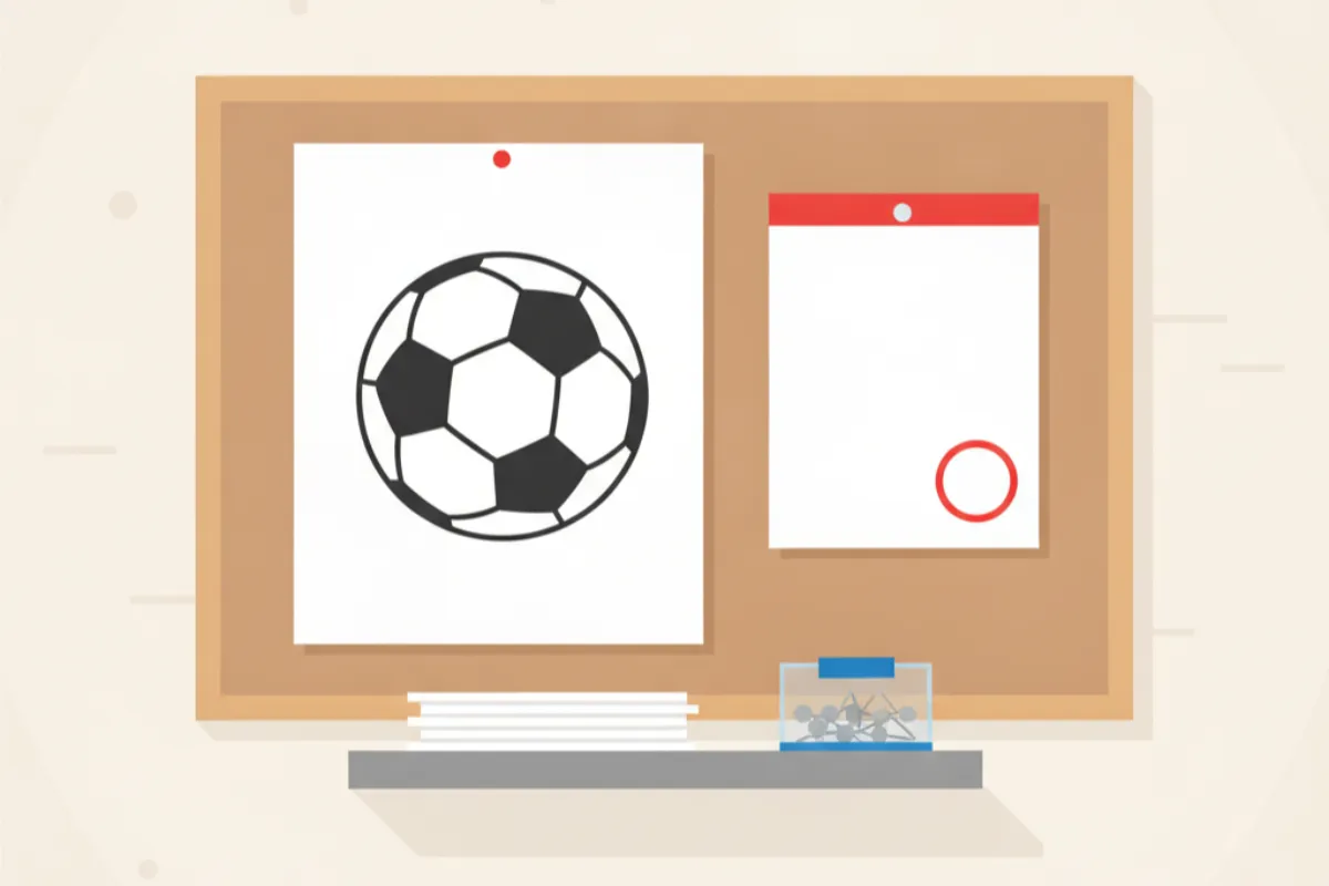 A clubhouse noticeboard with a poster showing a football, a blank calendar page with a date circled, a stack of entry forms on the shelf below and a box of drawing pins.