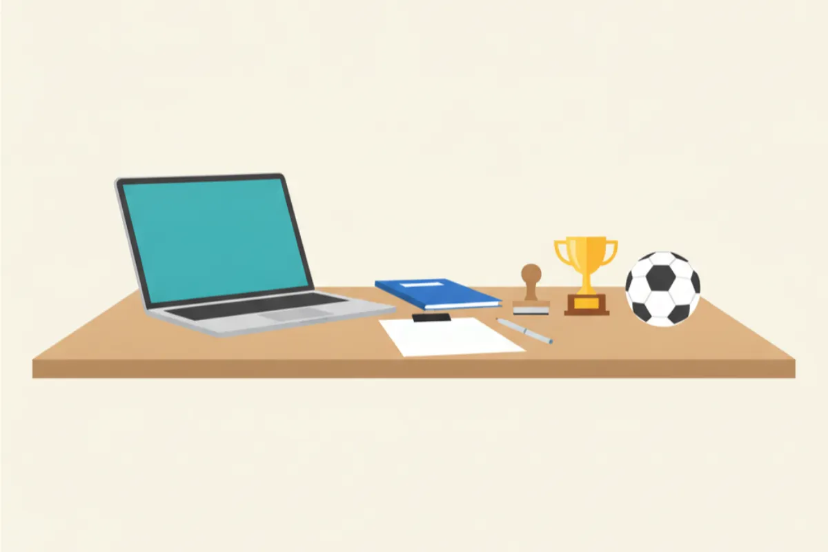 A laptop with a plain screen on a wooden desk beside a closed folder, a blank sheet under a bulldog clip, a pen, a rubber stamp, a small trophy and a football, against a plain wall.