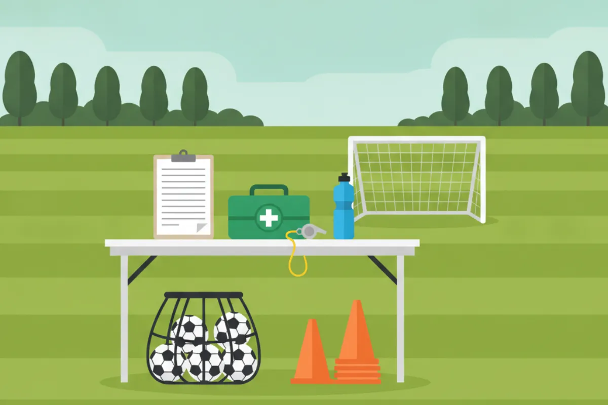 A white folding table on striped grass with a clipboard, a green first aid box, a whistle and a water bottle on it, a net of footballs and orange cones beneath, and a small goal behind.