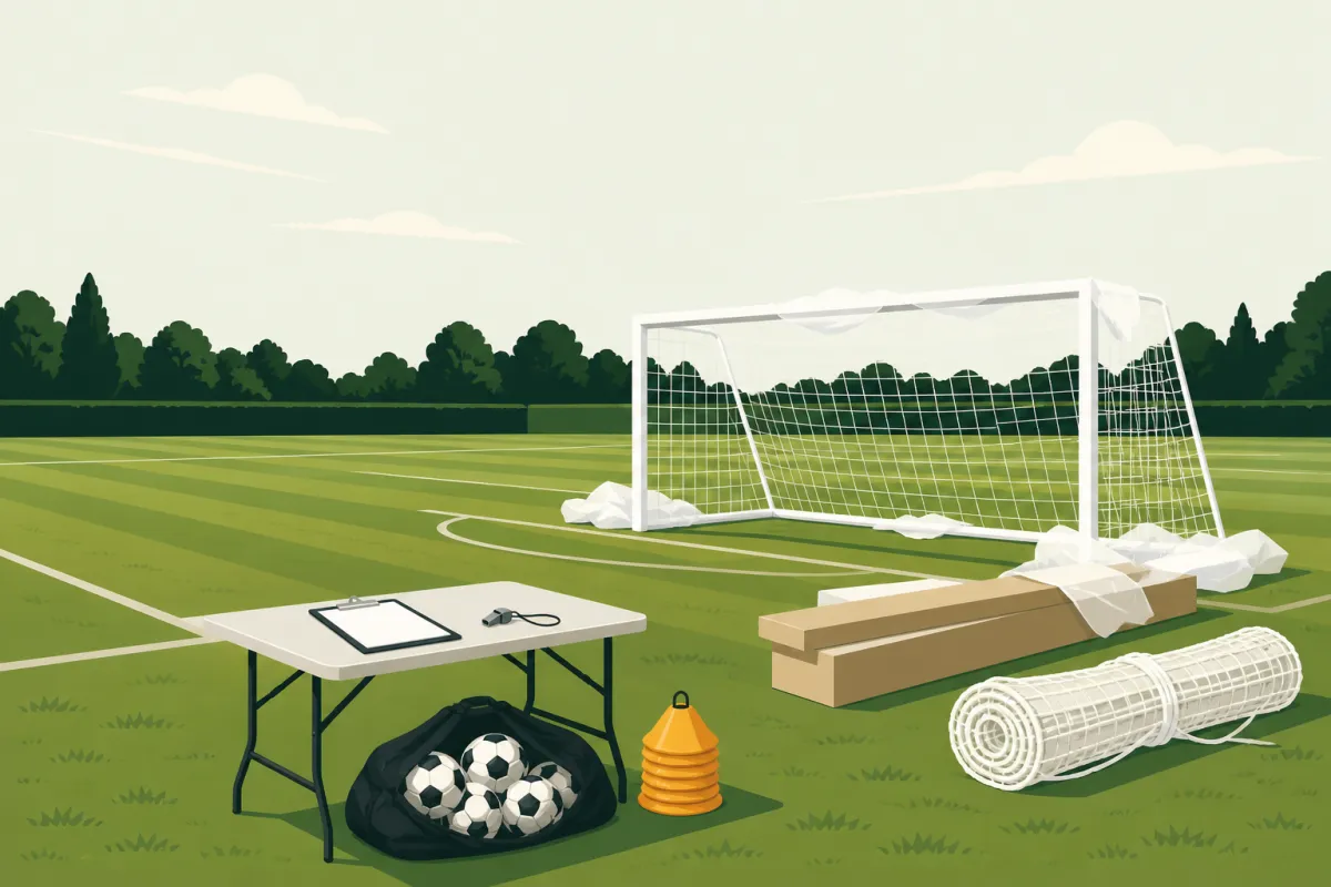 A new goal still half-wrapped on an empty pitch, boxed goalposts and a roll of netting beside it, and a folding table with a blank clipboard, a whistle, cones and a bag of new footballs.
