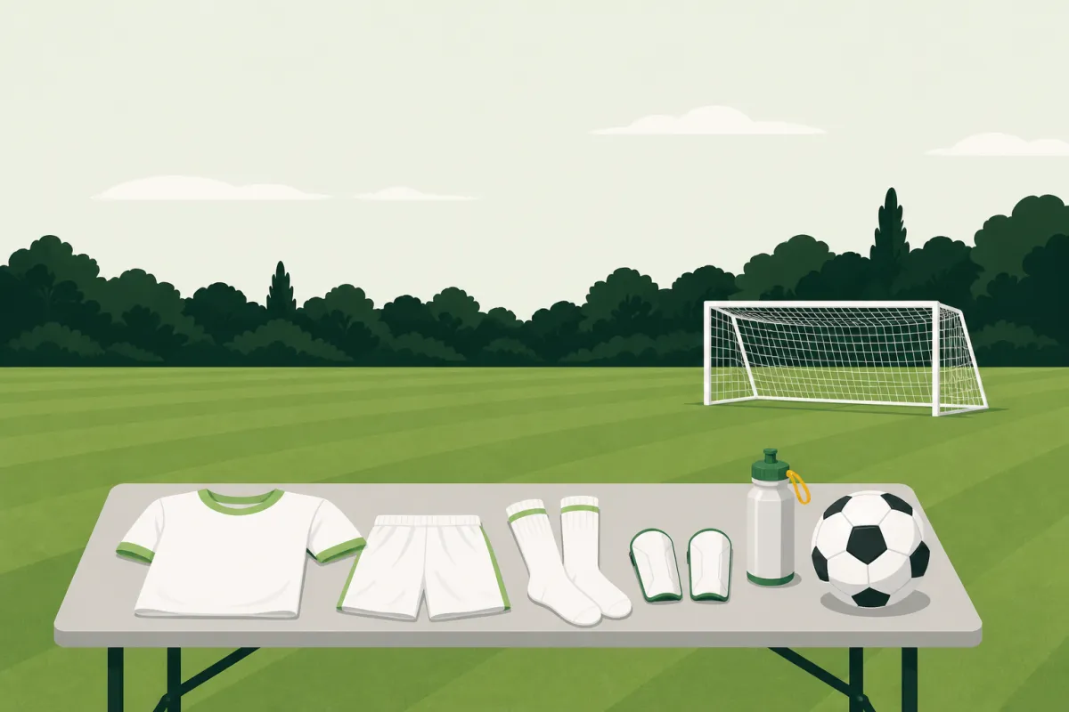 A new football kit laid out flat on grass: shirt, shorts, socks, boots, shin pads and a water bottle beside a ball.