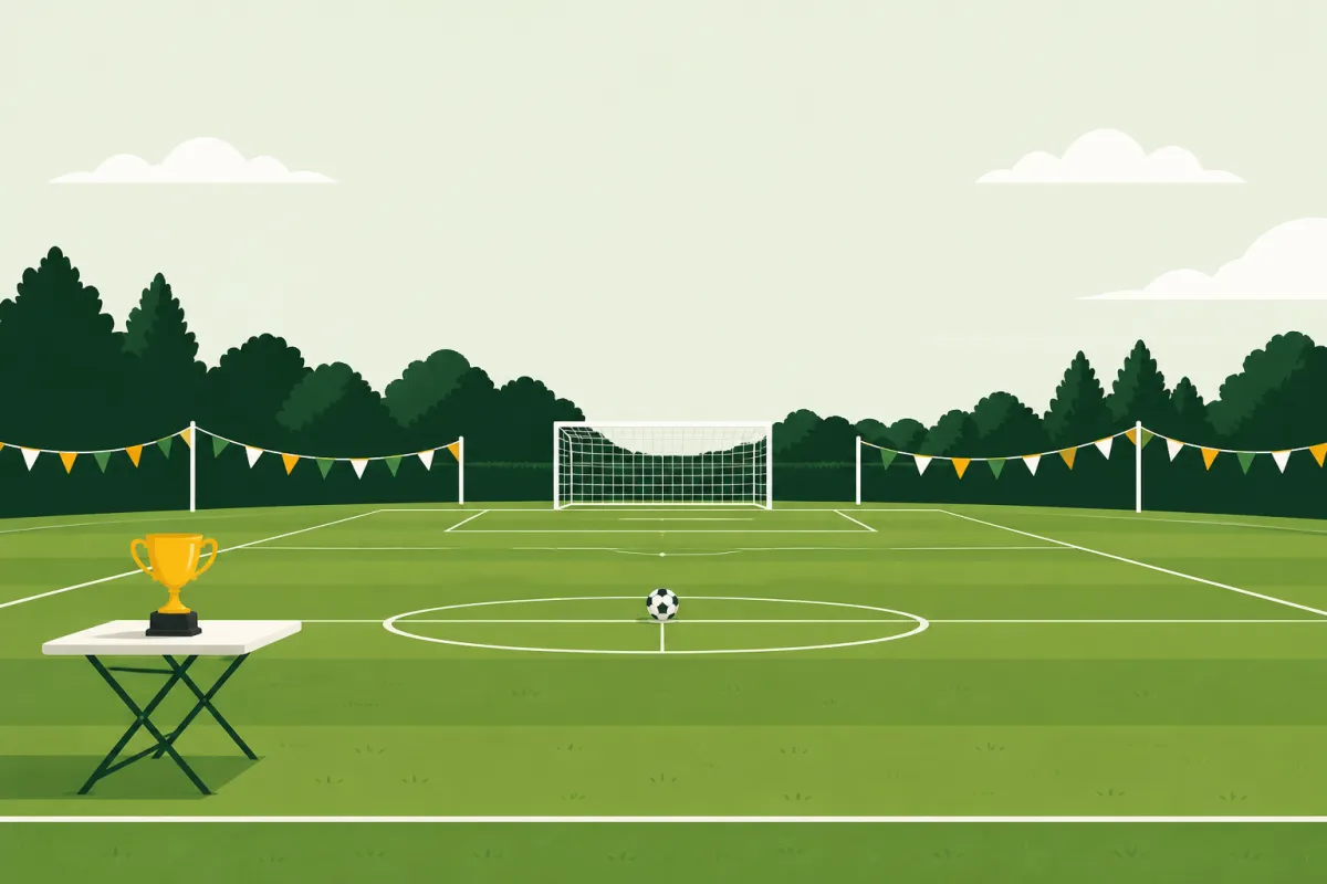 An empty tournament pitch with a small trophy on a folding table at the touchline, bunting on poles and a ball on the centre spot.