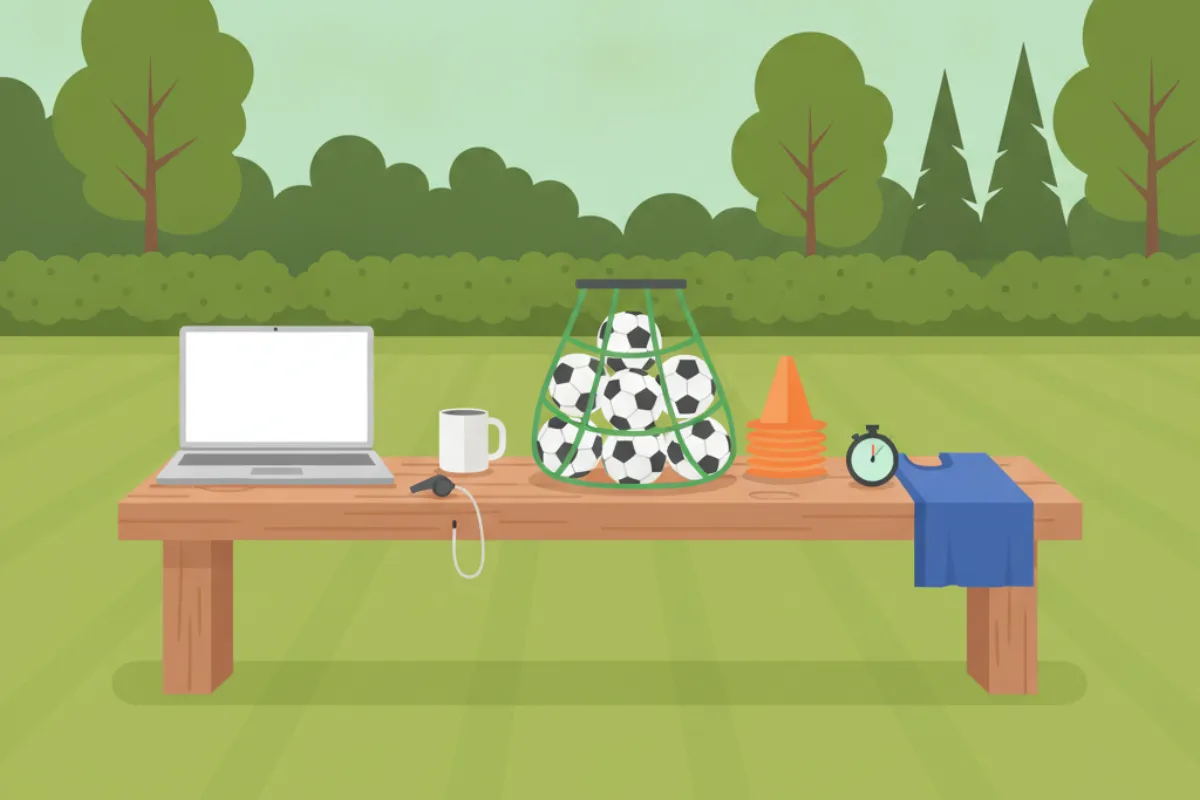 A coach's kit on a low bench on mown grass: an open laptop with a blank screen, a mug, a whistle on a lanyard, a net of footballs, a stack of cones, a stopwatch and a folded bib, with a hedge and trees behind.
