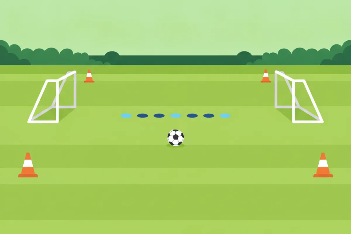 Two small portable goals facing each other on mown grass, orange cones at the corners, a row of flat disc cones across the middle and a football in the centre.