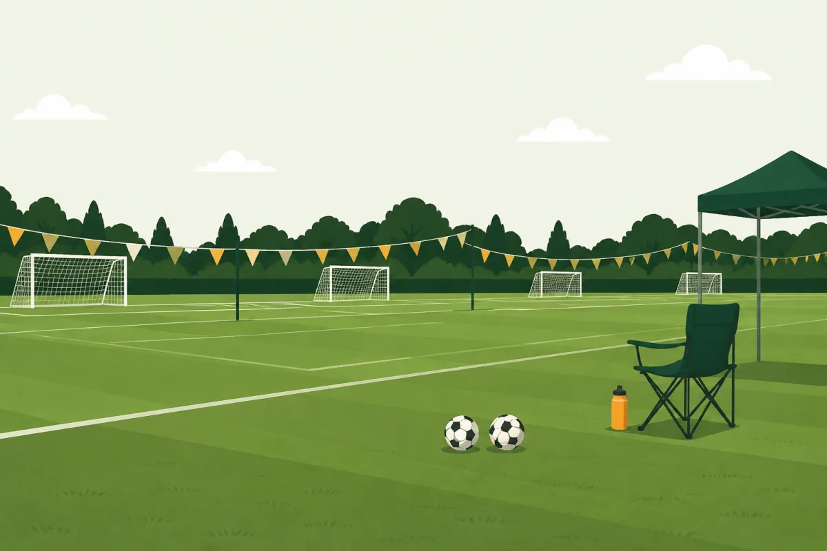 An empty tournament field with small pitches, bunting on poles, a folding chair and a flask on the touchline and a gazebo frame.